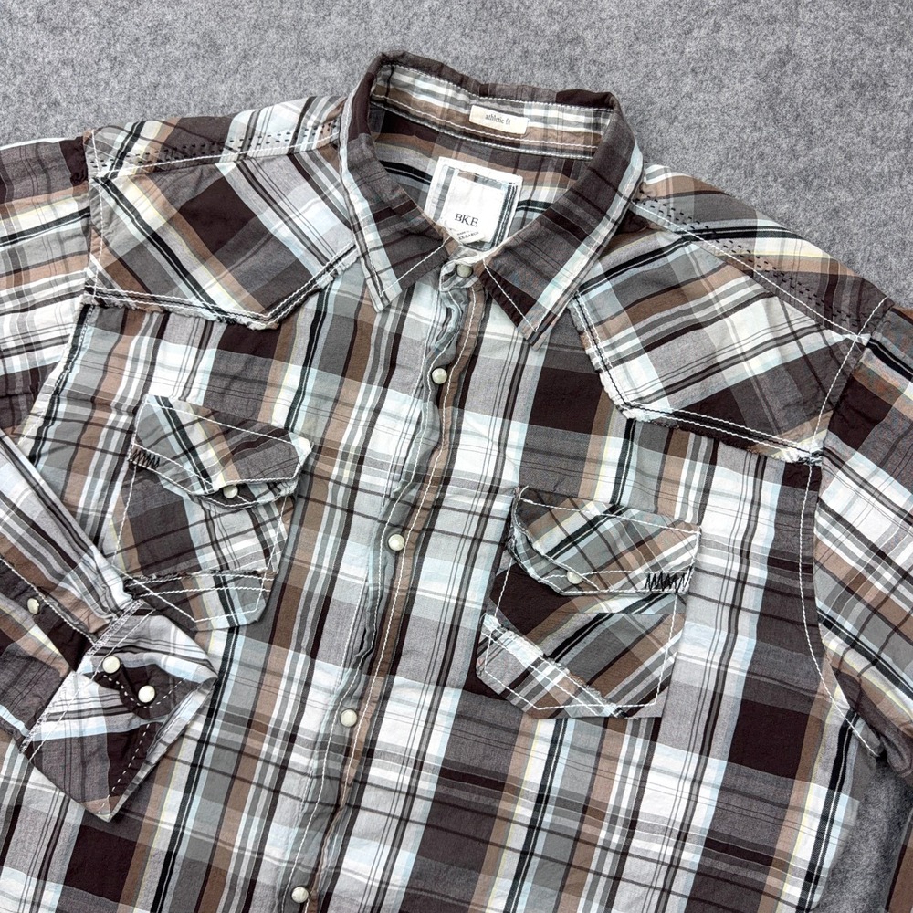 BKE Buckle Shirt Mens 2XL Brown Plaid‎ Athletic Western Pearl Snap Cowboy Ranch